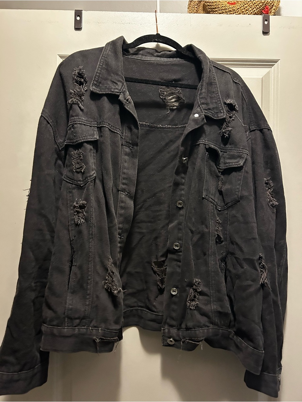 Women’s Distressed Black Denim Jacket - Casual Oversized Style